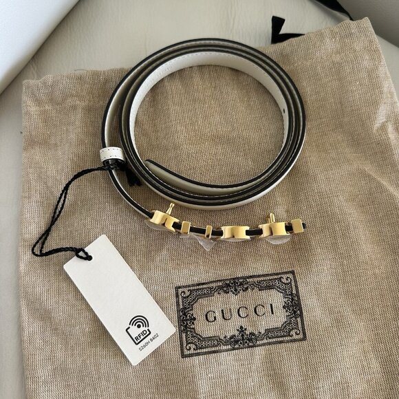 NEW GUCCI LOGO WHITE THIN BELT SIZE 105 Cm 42 In 100% Authentic - Picture 6 of 8